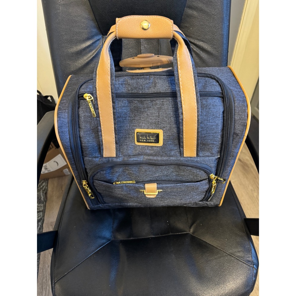 Nicole Miller New York Rolling Underseat Bag Blue Denim Leopard Print Carry On